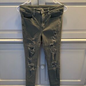 American Eagle Outfitters Women's Ripped Arm Green High Rise Skinny Jeans